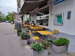 Outdoor seating at SimSim City in Zurich