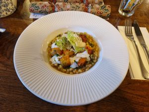 pumpkin, sage, and pearl barley risotto, with toasted seeds and crematta (vegan) at The Grosvenor Arms in Chester