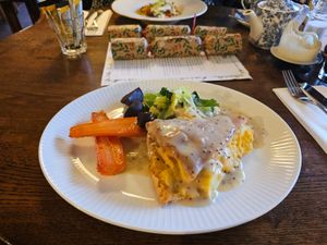 Appleby's Cheshire cheese, onion and potato pie, with green vegetables and white wine mustard sauce (vegetarian) at The Grosvenor Arms in Chester