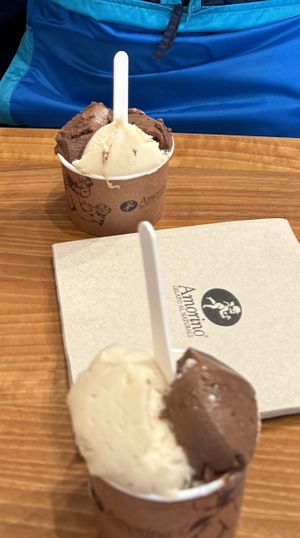 Vegan banana and chocolate sorbet in medium sized cups    at Amorino in Dijon