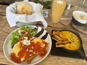 Shakshuka toast with eggs  at Dosis Cafe - Valle in Valle De Bravo