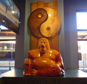 The hippie theme comes complete with a smiling Buddha. at Mellow Mushroom in Gatlinburg