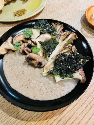 Thick mushroom soup. No spoon given  at Komorebi Kitchen in Kyoto
