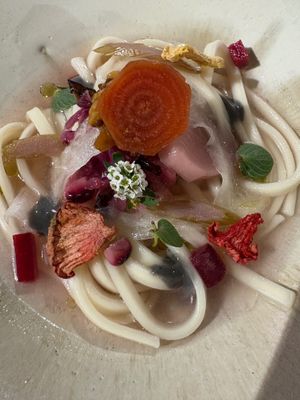 
Udon noodles drizzled with Japanese orange, apple, & juniper essence at Komorebi Kitchen in Kyoto