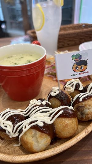 Takoyaki, soup and salad set  at Pivot BASE Cafe & Bar ＠Dotonbori in Osaka