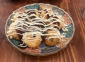 Vegan takoyaki. Koniac instead of tako (octopus) inside.  at Pivot BASE Cafe & Bar ＠Dotonbori in Osaka