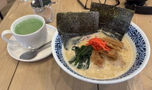 Vegan tonkotsu and matcha tea  at Pivot BASE Cafe & Bar ＠Dotonbori in Osaka