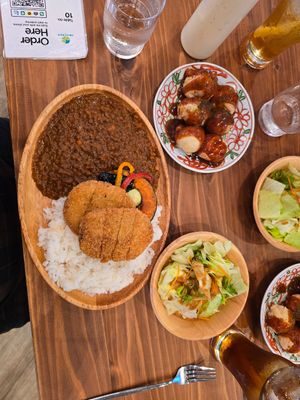 Katsu and vegan takoyaki, which came with a separate salad! at Pivot BASE Cafe & Bar ＠Dotonbori in Osaka