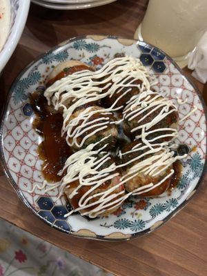 Takoyaki! The mayo comes on the side for you to add  at Pivot BASE Cafe & Bar ＠Dotonbori in Osaka