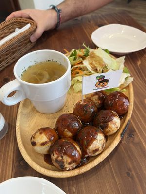 Vegan Takoyaki Set Menu with Soup and Salad  at Pivot BASE Cafe & Bar ＠Dotonbori in Osaka