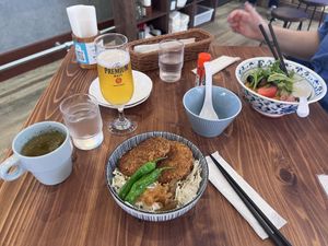 Cutlet, rice and soup and a cold ramen. Great lunchh  at Pivot BASE Cafe & Bar ＠Dotonbori in Osaka