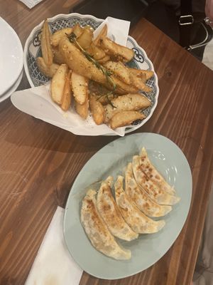 Gyoza and French Fries (look more like wedges haha)  at Pivot BASE Cafe & Bar ＠Dotonbori in Osaka