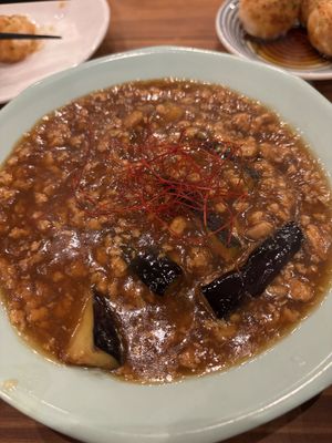 Eggplant with spicy soy meat  at Pivot BASE Cafe & Bar ＠Dotonbori in Osaka