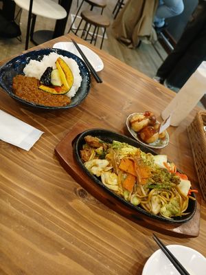 Fried noodles, curry, tipical Osaka fried rice balls at Pivot BASE Cafe & Bar ＠Dotonbori in Osaka