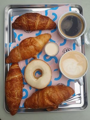 Laugen- and Buttergipfel, Vanilla Donut, Coffee at Bakery Bakery  - Schaffhauserplatz in Zurich