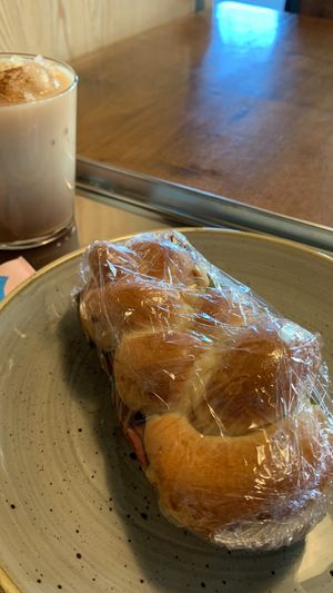 Chai latte and “meat” sandwich   at Bakery Bakery  - Schaffhauserplatz in Zurich