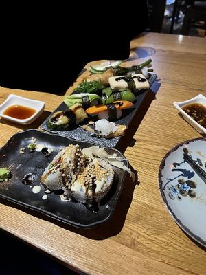 4 piece Vegan Sakura Maki at the bottom. On top Vegan Mix Nigiri.

I only took a photo after having 2 bites of the Maki! at Sakura  in Southampton
