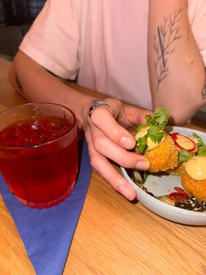 kimchi croquettes & kombucha at Chef & Co in Prague