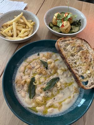 butterbeans with bread, kimchi croquettes and fermented friesd  at Chef & Co in Prague
