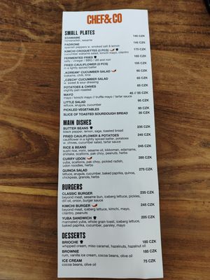 Menu at Chef & Co in Prague