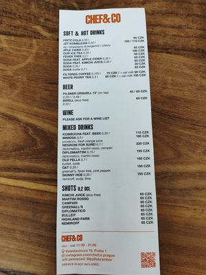 Drink menu at Chef & Co in Prague
