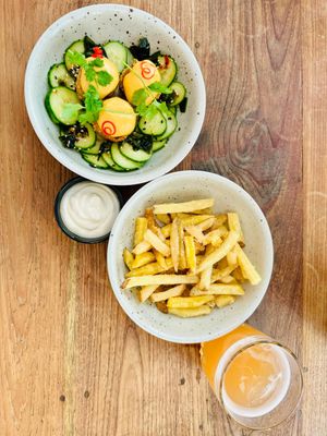 Kimchi croquettes + Fermented vinegar fries   at Chef & Co in Prague