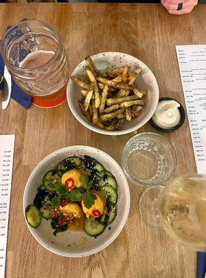 Fermented fries and kimchi croquettes. Get the truffle mayo at Chef & Co in Prague