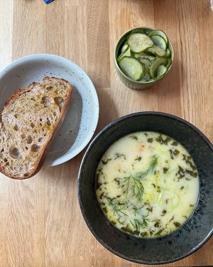 Dill soup and cucumber salad at Chef & Co in Prague