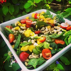 Mango, baby spinach, raw cashews, snow peas and tomatoes from our cafe garden at Goodness Gracious Organic and Gluten Free in Bli Bli