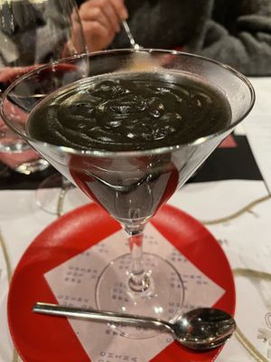 Vegan dessert: hot black sesame cream. A bit watery at Out of China in Barcelona