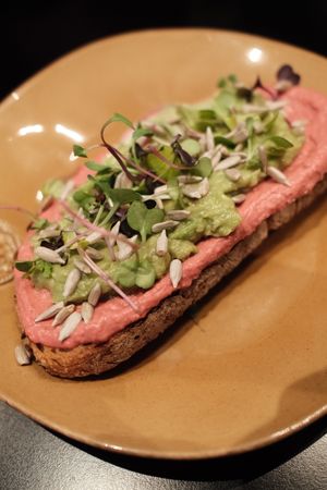 The toast with beetroot hummus   at Roots Ayala in Madrid
