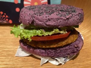 Purple hummus burger at Flower Burger in Madrid