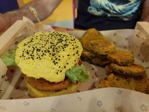 Chickpea patty burger w/ deep fry aubergine slices (yum!) at Flower Burger in Madrid
