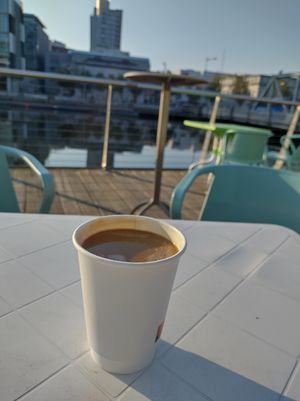 Coffee with a view on terrace (americano with oat milk) at Fly Coffee in Cork