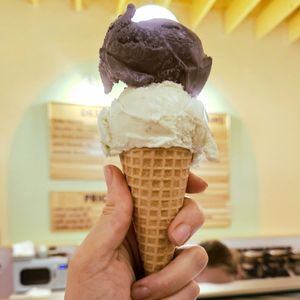 Half/Half Scoop of Ube and Pandam on a Gluten-Free Sugar Cone at Kate's Ice Cream in Portland