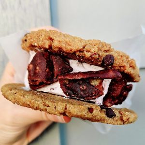 Strawberry Choclate & Covered Potato Chip Icecream Sandwich (Gluten Free) at Kate's Ice Cream in Portland