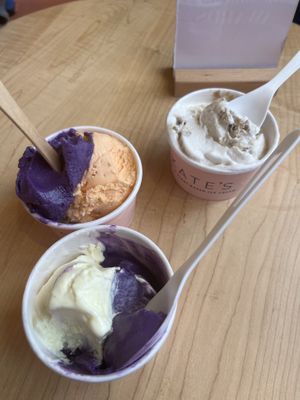 Ube/cream cicle; ube/crème brûlée; and chocolate cookie dough with homemade cookies!  at Kate's Ice Cream in Portland