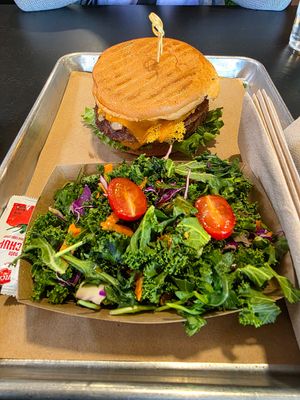 Burger and a side of Kale at Kind Burgers in San Antonio