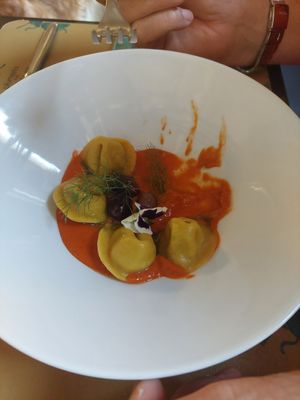 Baba ganoush stuffed ravioli at Scara e Beo in Cortona