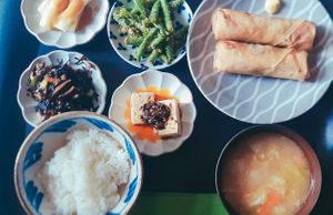 Yokibari-Set mit Frühlingsrollen, Miso, Reis, Spargel mit Misosoße, Bohnen mit Sesamsoße, Hijiki und kaltem Tofu at KADOKKO in Heidelberg