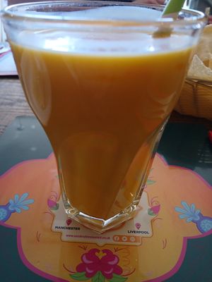 Vegan mango lassi at Sanskruti Restaurant in Manchester