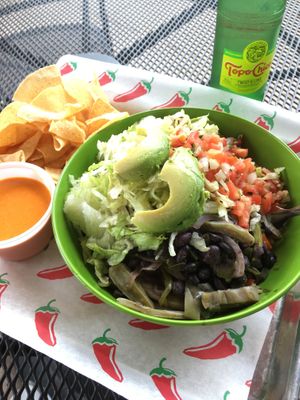 Rajas bowl (cactus, peppers, onions, pico, lettuce, avocado, beans, rice). Side of chips & salsa. at El Camino Gourmet Tacos in Eagan