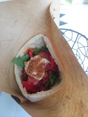 Vegan taco with soymeat filling in a pita at Veggie Cafe in Kyoto