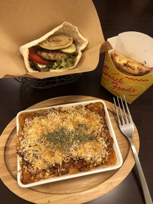 Hamburger pita, fries, and lasagna at Veggie Cafe in Kyoto