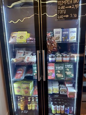 Cooler loaded with vegan meats  at Fermaggio Bistrot & Store in Rome