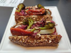 Baguette with vegan cheese and vegetables at Fermaggio Bistrot & Store in Rome