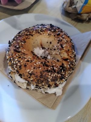 Cream cheese bagel (June 2025) at Hermit Crab Coffee in Machynlleth