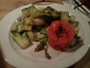 Raw Zucchini tagliatelle with Kale pesto, with a side of tomato salsa at WieloPole3 in Krakow