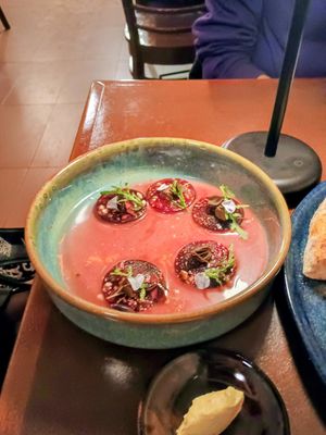 Falso ravioli de betabel at Angolo Pizza Napolitana  in Mexico City