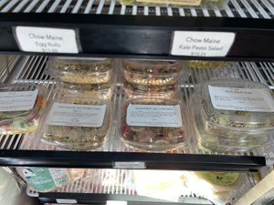 Tomato & cucumber; couscous & chickpea; roots & lentil; and potato salads  at Beech Hill Farm in Mount Desert Island